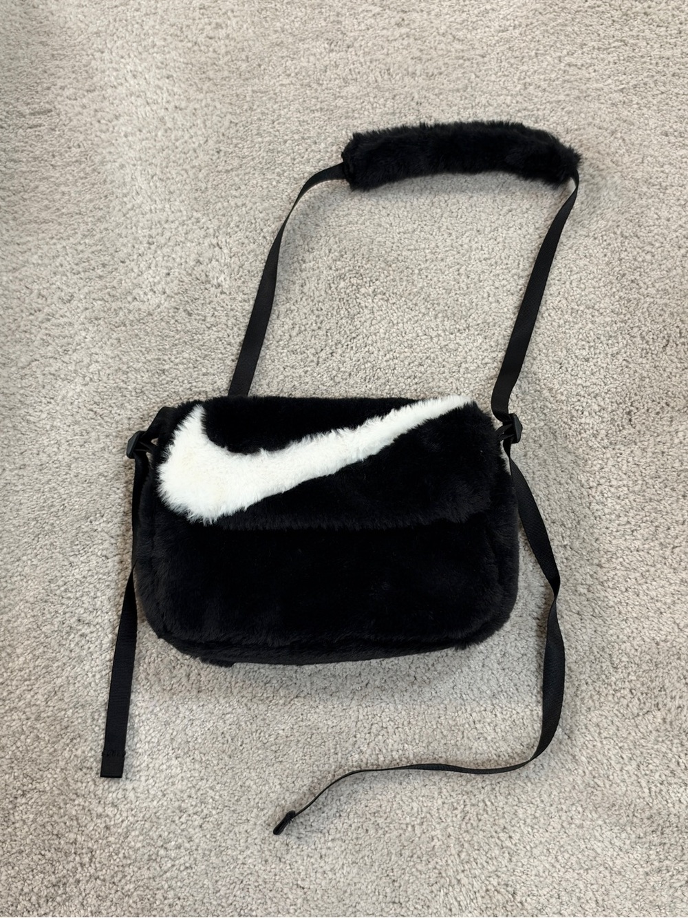 Nike Black Faux Fur Crossbody Bag with White Swoosh